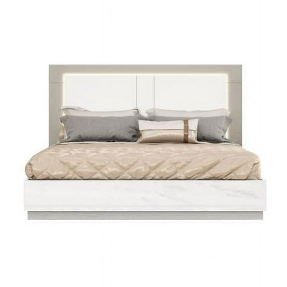 50 x 76 x 80 in. King Size White & Taupe High Gloss Bed Frame with LED Headboard