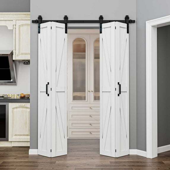 50'' x 84'' Bifold Barn Doors and Hardware Included, White Smooth Paintable Pre-assembled Solid Core Panels & Track Joint & Bi-fold Barn Door Hardware Kit, K Frame-Fit Max Opening 48in x 84in