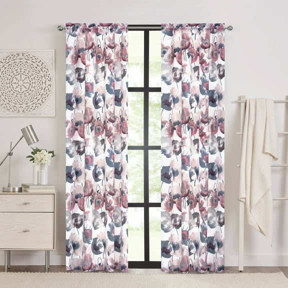 Poppy Field Room Darkening Floral Window Curtains, Rod Pocket Panel, Blush, 50" x 84"