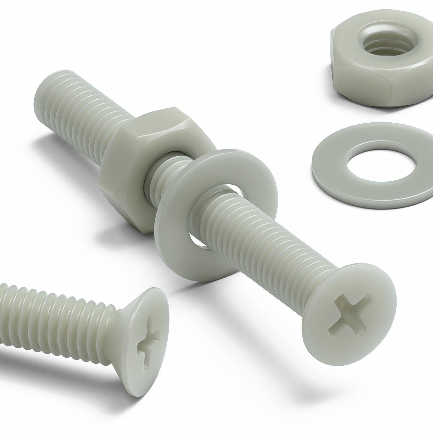50 x Glass Filled Reinforced Super Nylon Countersunk Machine Screws, M3 x 25mm, Plastic Nuts and Bolts, Washers, (3/32 x 1 in)