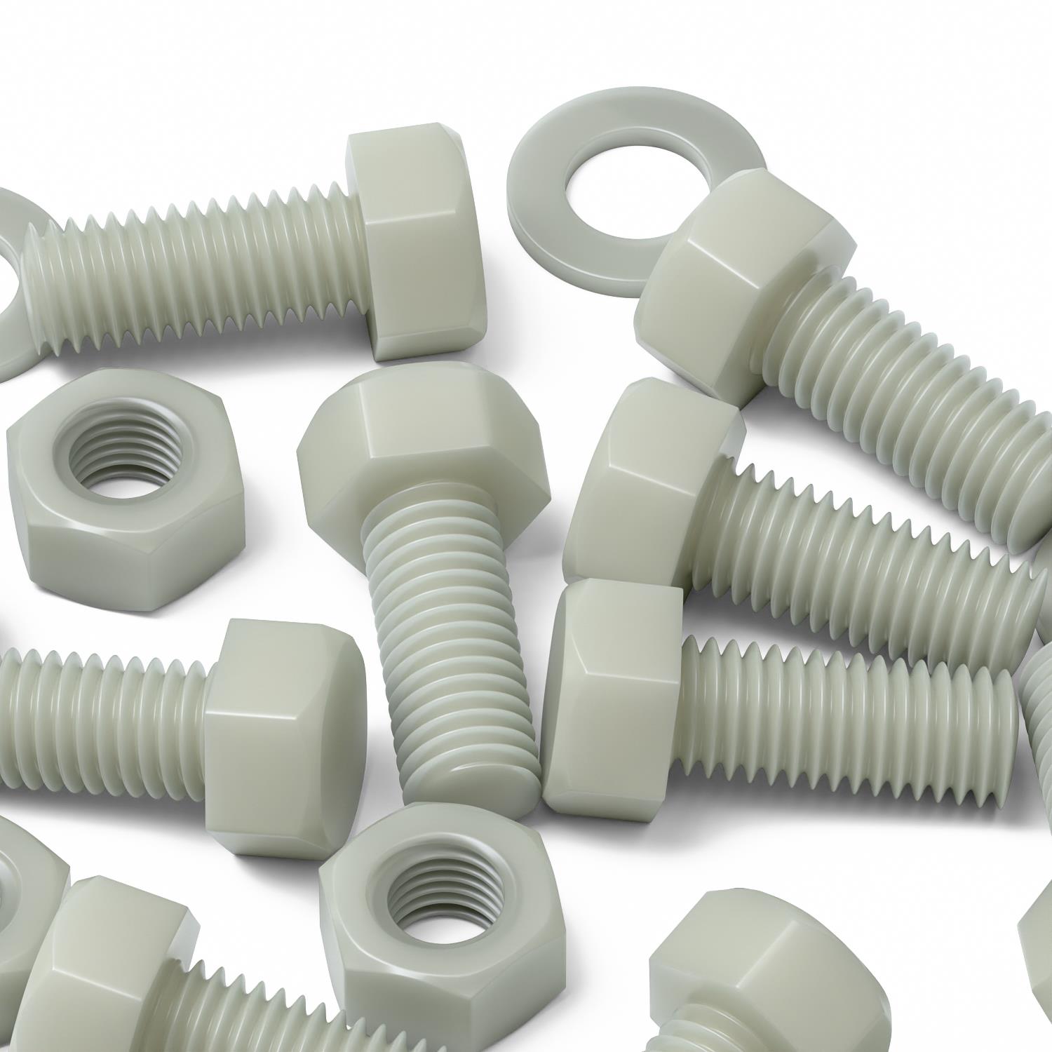 50 x Glass Filled Reinforced, Super Nylon Hex Head, M8 x 20mm, Machine Screws, Plastic Nuts and Bolts, Washers, (5/16 x 25/32 in)
