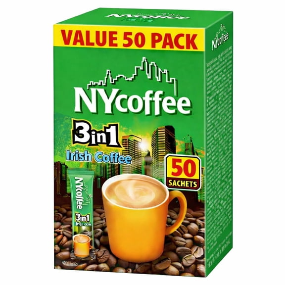 50 x Irish Flavour NY Coffee 3 in 1 Sachets Instant Coffee Sticks 5 Boxes x 10 Flavoured Coffee Mix Sachets for Home, Office, Travel & On-The-Go