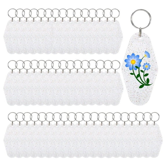 50pcs Blank Motel Keychain Bulk with Rings,Clear with Glitter Hotel Keychains Key Tag for Vinyl DIY Crafts and Luggage