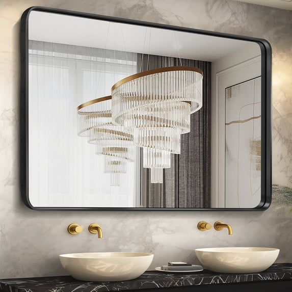 50"x32" Aluminum Alloy Wall Mount Rounded Corner Rectangular Mirror,Black