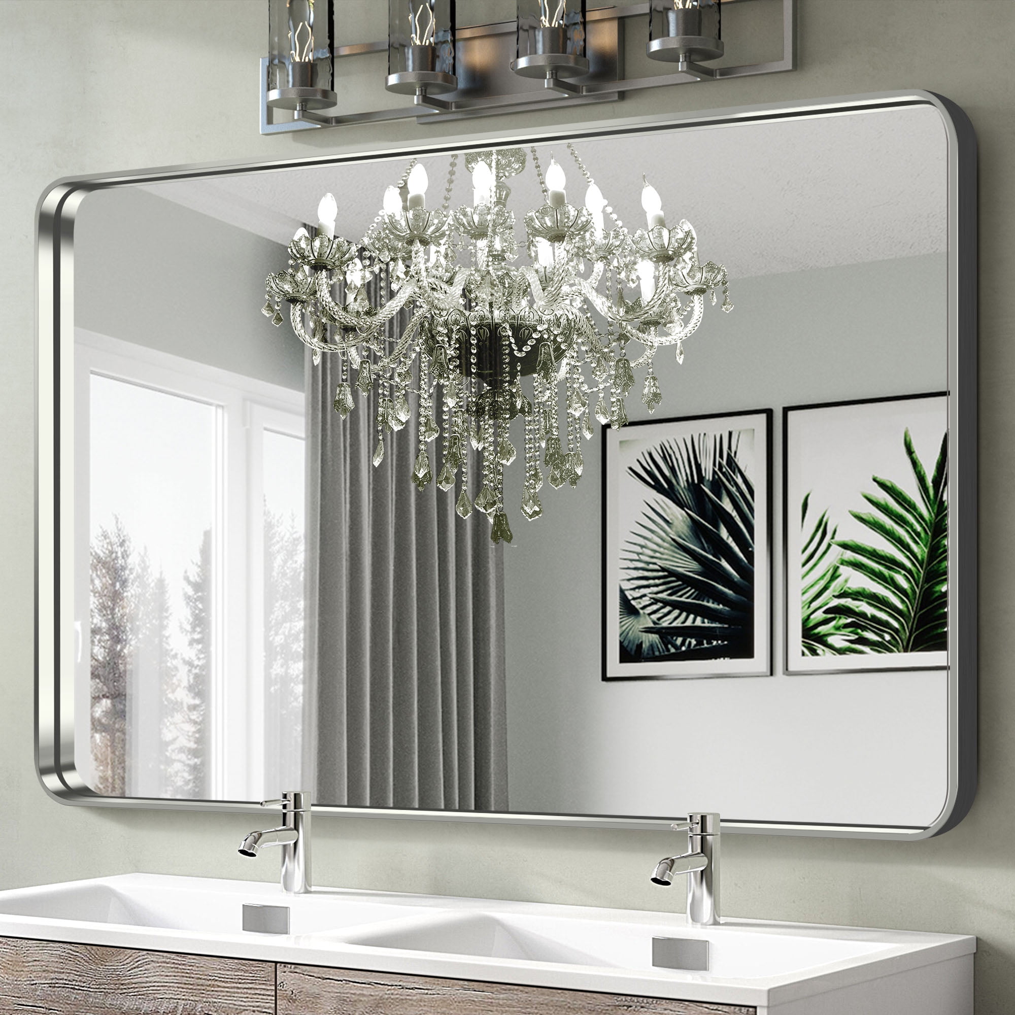 50"x32" Aluminum Alloy Wall Mount Rounded Corner Rectangular Mirror,Silver