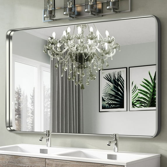 50"x32" Aluminum Alloy Wall Mount Rounded Corner Rectangular Mirror,Silver
