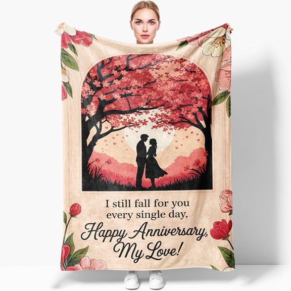 50''x40'' Happy Anniversary Blanket - Cherry Blossom Sunset Silhouette Love Greeting with Elegant Script 'I Still Fall for You Every Day' -  for Valentine's Day & Anniversaries
