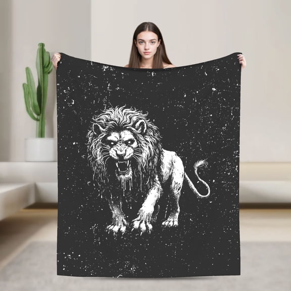 50"x40" Soft Flannel Blanket for Couch Cozy Warm Plush Blanket Comforter Lightweight Fleece Throw Blanket Gift for Adults Dark Aesthetic Decor for Bedroom Living Room Dormitory, Black, Lion