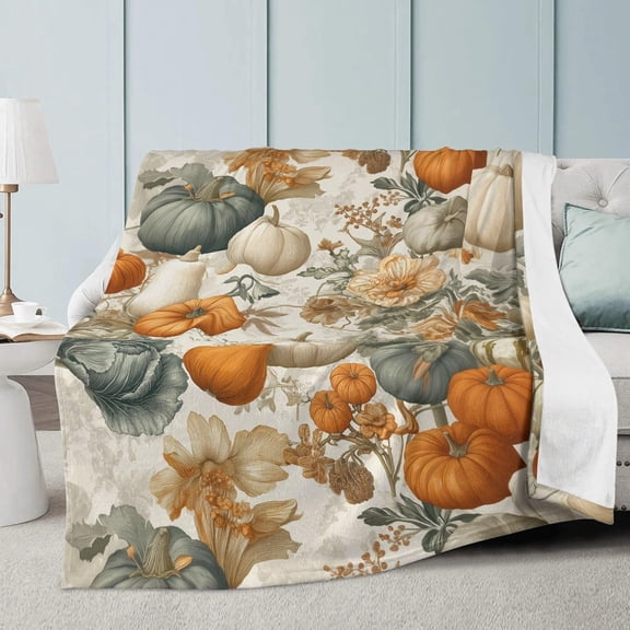 50"x60"Fall Blanket  Autumn Orange White Pumpkins Flower Leaf Throw Blankets Seasons Soft Warm Cozy Lightweight Rustic Harvest Thanksgiving Flannel Throw Blanket for Couch,Bed,Living Room,Dorm,Travel