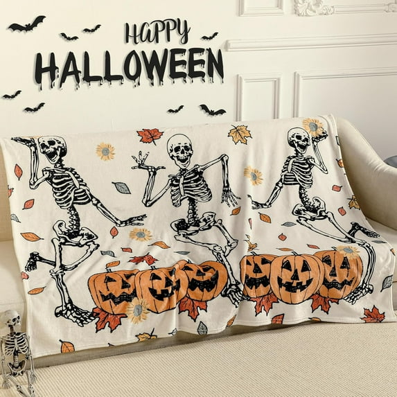 50"x60" Halloween Throw Blanket Cute Dancing Skeleton Pumpkin Flannel Fleece Blanket Fall Halloween Themed Soft Plush Warm Decoration Blankets Halloween Party Gifts for Women Men Girls