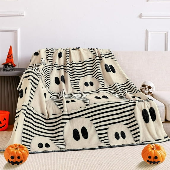 50"x60" Halloween Throw Blanket Cute Ghost Striped Flannel Fleece Blanket Halloween Themed Soft Plush Warm Decoration Blankets for Women Men Girls