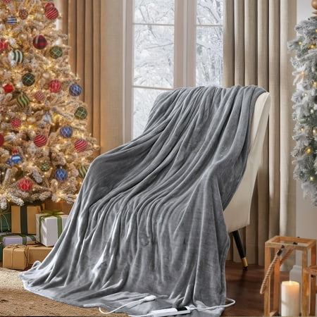 50"x60" Heated Electric Blanket Fast Heating Lap Flannel Blanket, 1/2/4/6/8 Hours Auto-off 10 Heat Level Winter Throw Blankets, Over-heat Protection Flannel Heater Throws, Machine Washable, Gray