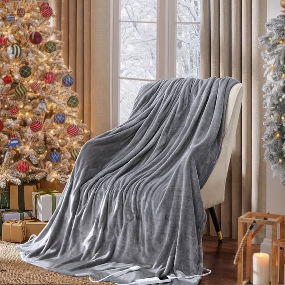 50"x60" Heated Electric Blanket Fast Heating Lap Flannel Blanket, 1/2/4/6/8 Hours Auto-off 10 Heat Level Winter Throw Blankets, Over-heat Protection Flannel Heater Throws, Machine Washable, Gray