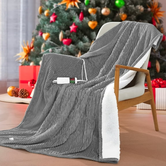 50"x60" Heated Electric Blanket Fast Heating Lap Flannel Blanket, 1/2/4/6/8 Hours Auto-off 10 Heat Level Winter Throw Blankets, Over-heat Protection Flannel Heater Throws, Machine Washable, Gray