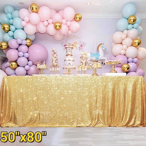 50"x80" Gold Sequin Tablecloth – Wrinkle Resistant Rectangular Glitter Cover for Party, Cake Dessert Table, Exhibition & Events – Washable & Reusable
