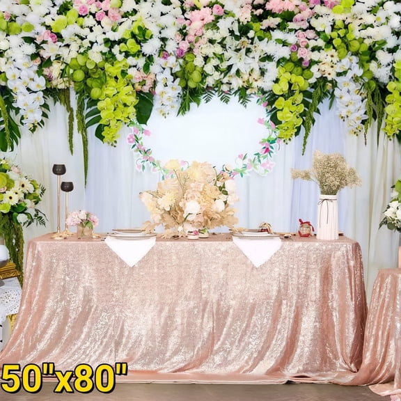 50"x80" Rose Gold Sequin Tablecloth – Luxury Shimmer Rectangular Glitter Cover for Party, Cake Dessert Table, Exhibition & Events – Heavy Duty Event Tablecloth