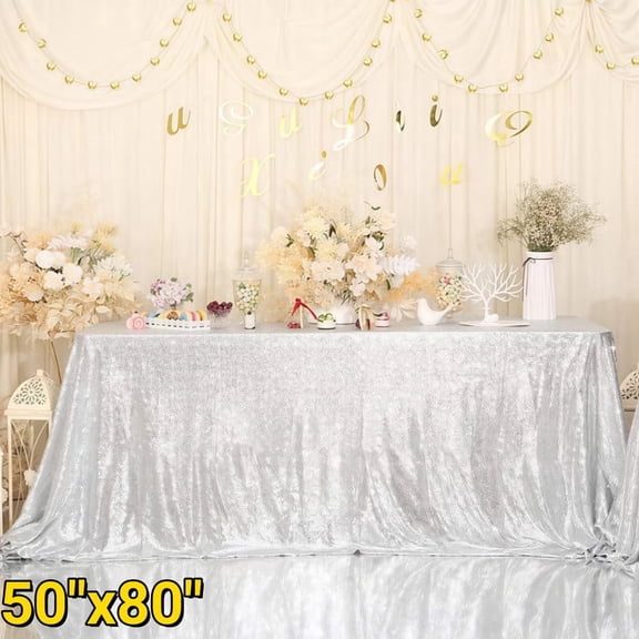 50"x80" Silver Sequin Tablecloth – Easy Clean Rectangular Glitter Cover for Party, Cake Dessert Table, Exhibition & Events – Foldable & Reusable Sequin Table Cover