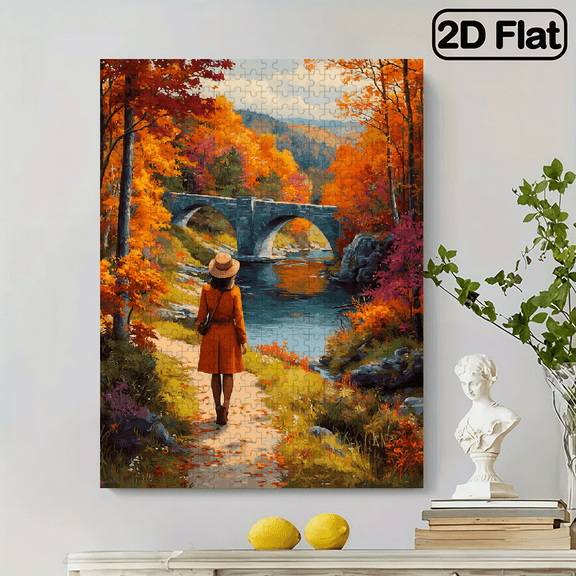 500/500pcs Adult Jigsaw Puzzle Featuring a View of a Stone Bridge by a Stream, Suitable for Christmas, Halloween, Easter, Birthdays, And Parties; a Perfect Festive Decoration Puzzle with Vibrant C