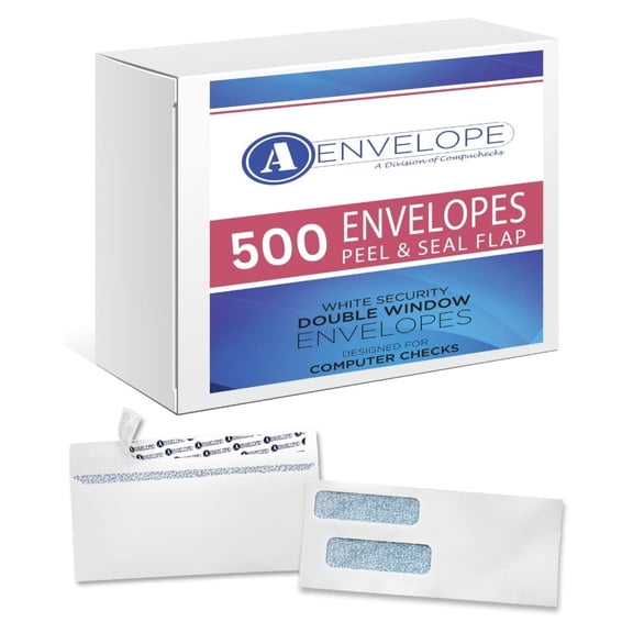500 #8 Double Window Self Seal Security Envelopes for Computer Check Paper and QuickBooks Checks - Security Envelopes Peel & Seal Designed for Office, Home Size 3 5/8 x 8 5/8 White Mailing 24Lb (8801)