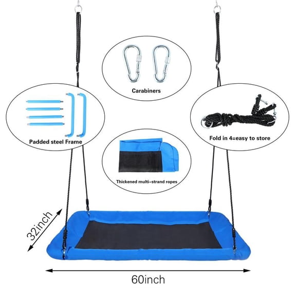 500-800lb Giant 60" Platform Tree Swing,Saucer Swing with Swing Stand,Rectangular Platform Swing,for kids and adults ,Outdoor Tree Swing, 2 Hanging Straps Adjustable Multi-Strand Ropes(Blue)