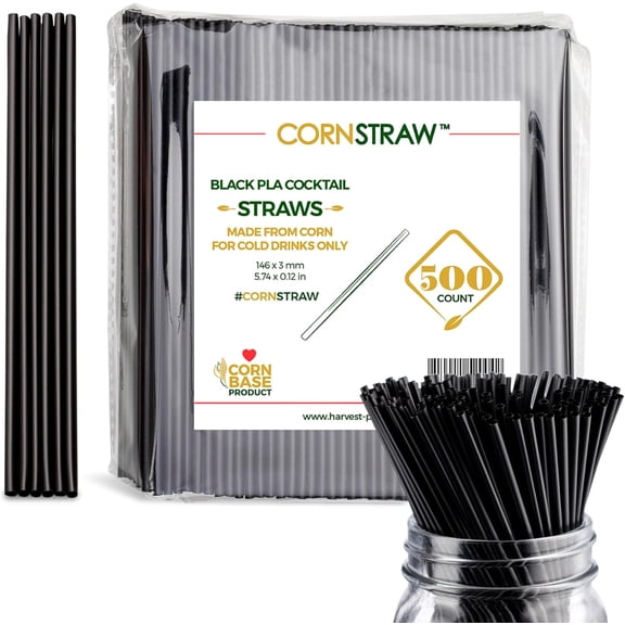 [500 COUNT]CORNSTRAW 5" Short Cocktail Straws & Coffee Stirrers - Eco-Friendly PLA Cornstarch Plastic-Free Black Straws - Sip Stir Sticks for Whiskey, Cocktails, Cold Drinks - Bar & Party Supplies