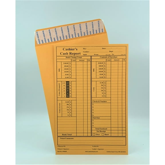500 Cashier Depot Cashier's Cash Report Envelopes, 6" x 9", Open End, Premium, Peel & Seal Closure, 500 Envelopes (28lb. Kraft)
