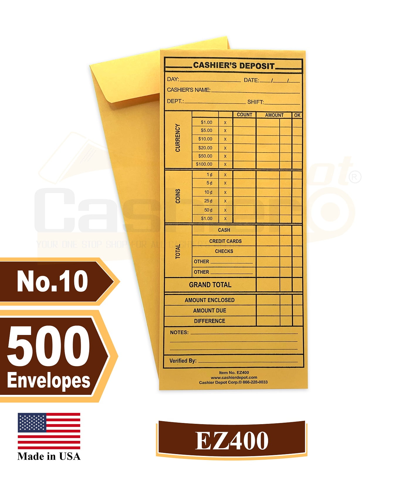 500 Cashier Depot EZ400 Cashier's Deposit Report Envelope, 4 1/8" x 9 1