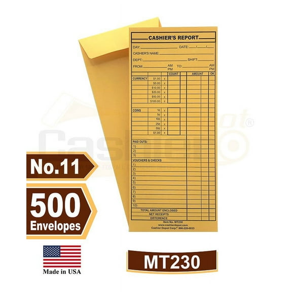 500 Cashier Depot MT230 Cashier's Report Envelope, 4 1/2" x 10 3/8", Brown Kraft 24lb. (500 Envelopes)