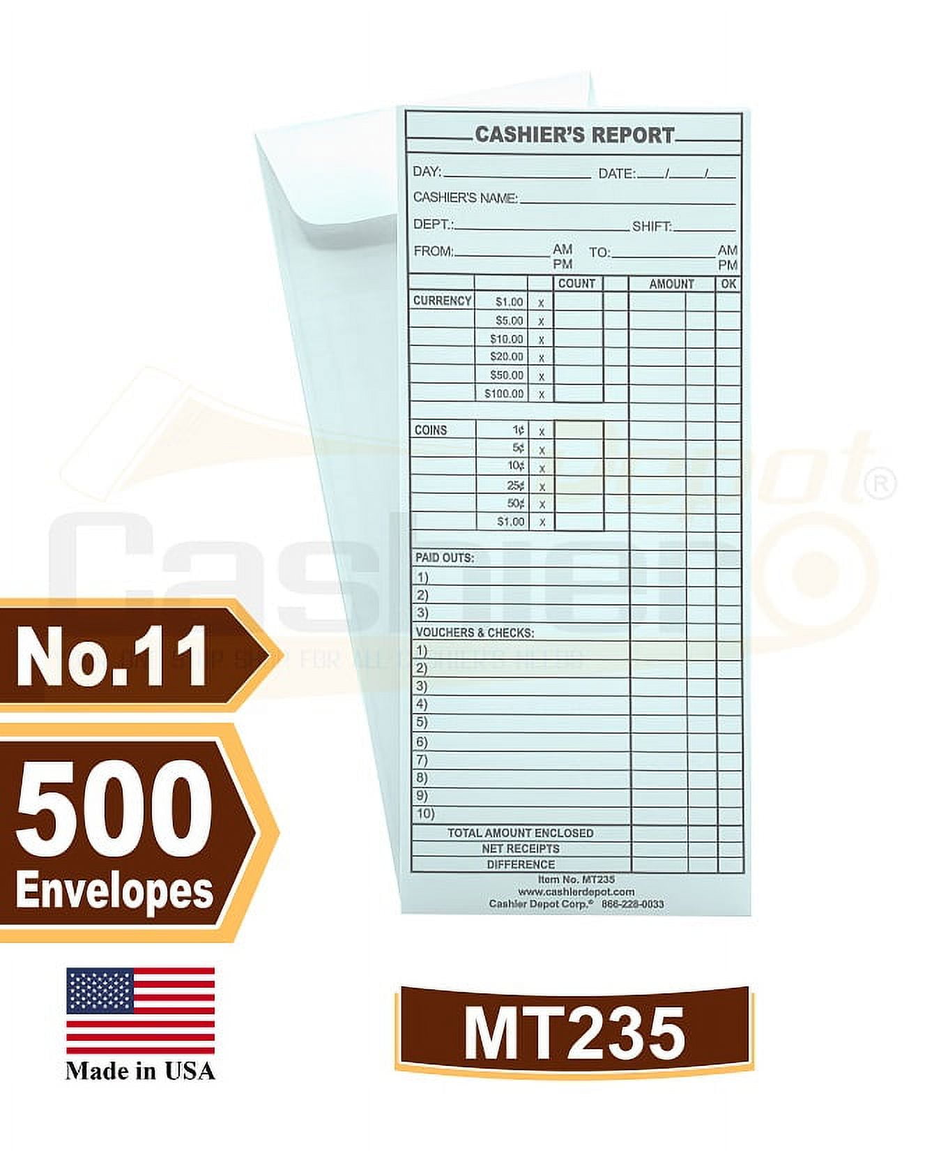 500 Cashier Depot MT235 Cashier's Report Envelope, 4 1/2" x 10 3/8", Premium 24lb White (500 Envelopes)