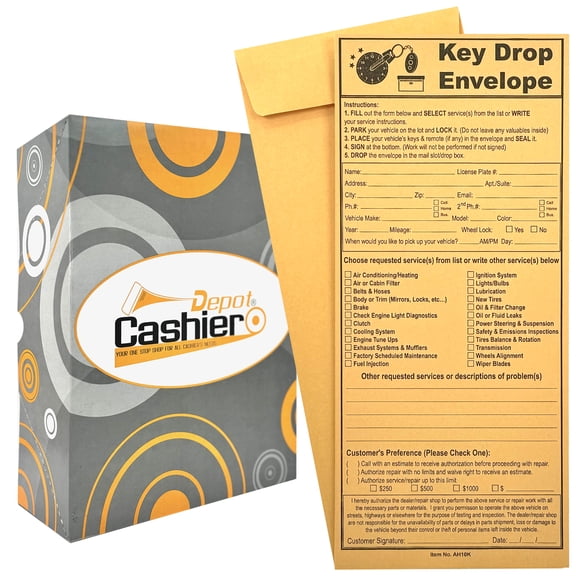 500 Cashier Depot Night/ After Hours Key Drop Envelope For Auto Shop Repair or Service, 4 1/8" x 9 1/2", Gum Flap, Open End, Premium 24LB Kraft, 500/Box