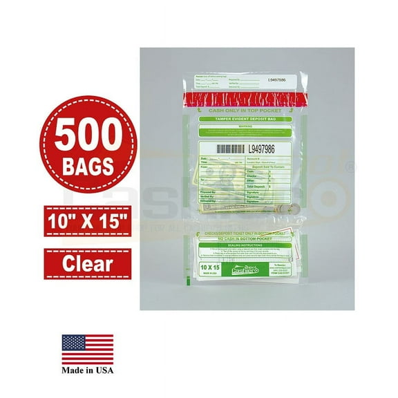 500 Cashier Depot Tamper Evident Bank Deposit Bags, 10" x 15" Clear, Twin Pockets, Serialized Numbering, Barcode, Press & Seal Void Closure Tape (500 Bags)