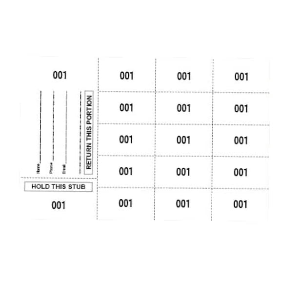 500 Chinese Auction Tickets - Starting at Number 001- Buyer's Name, Email & Phone". Choose from 5 Colors and 5,10,15, 20 or 25 bid Numbers Current Selection: (15 bid Numbers per S