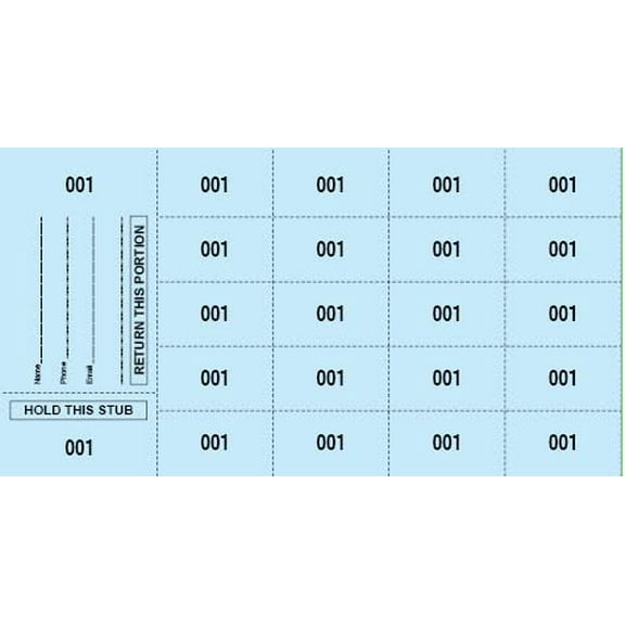 500 Chinese Auction Tickets - Starting at Number 001- Buyer's Name, Email & Phone". Choose from 5 Colors and 5,10,15, 20 or 25 bid Numbers Current Selection: (20 bid Numbers per S