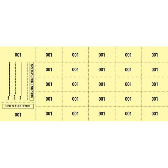 500 Chinese Auction Tickets - Starting at Number 001- Buyer's Name, Email & Phone". Choose from 5 Colors and 5,10,15, 20 or 25 bid Numbers Current Selection: (25 bid Numbers per S