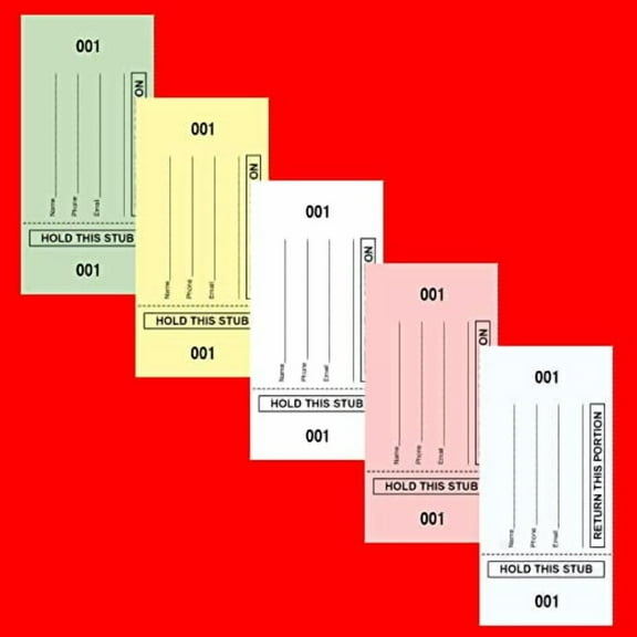 500 Chinese Auction Tickets - Starting at Number 001- Buyer's Name, Email & Phone". Choose from 5 Colors and 5,10,15, 20 or 25 bid Numbers Current Selection: (5 bid Numbers per Sh