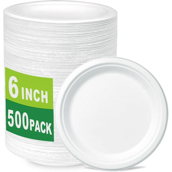 500 Count 6 Inch Heavy Duty Compostable Dessert Plates Made from Bagasse and Bamboo Fiber