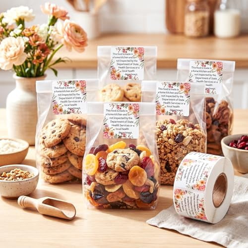 500 Count Cottage Food Law Labels Stickers Floral Printed Home Made Stickers 1.5” Square Thermal Printed Labels for Home Kitchen Bakery Bread Sourdough
