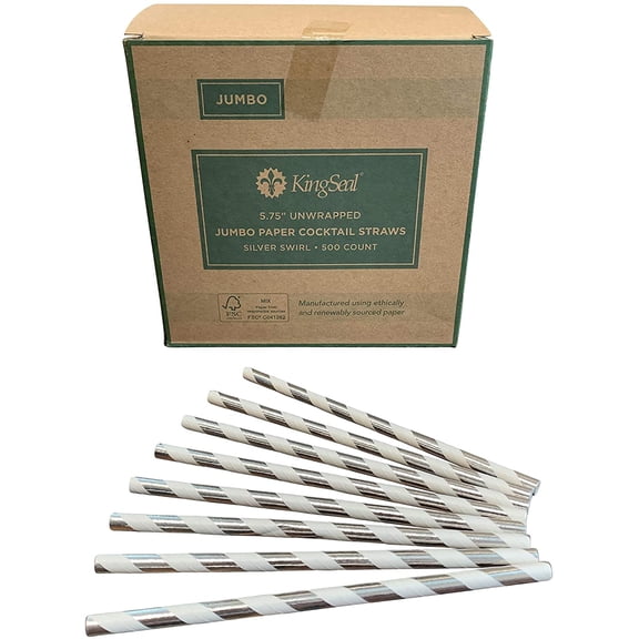 500 Count | FSC Certified Paper Cocktail Straws, Unwrapped, 6mm x 5.75 Inches, Silver Stripe, Biodegradable, Earth Friendly, Bulk Pack - 1 Box of 500 Straws