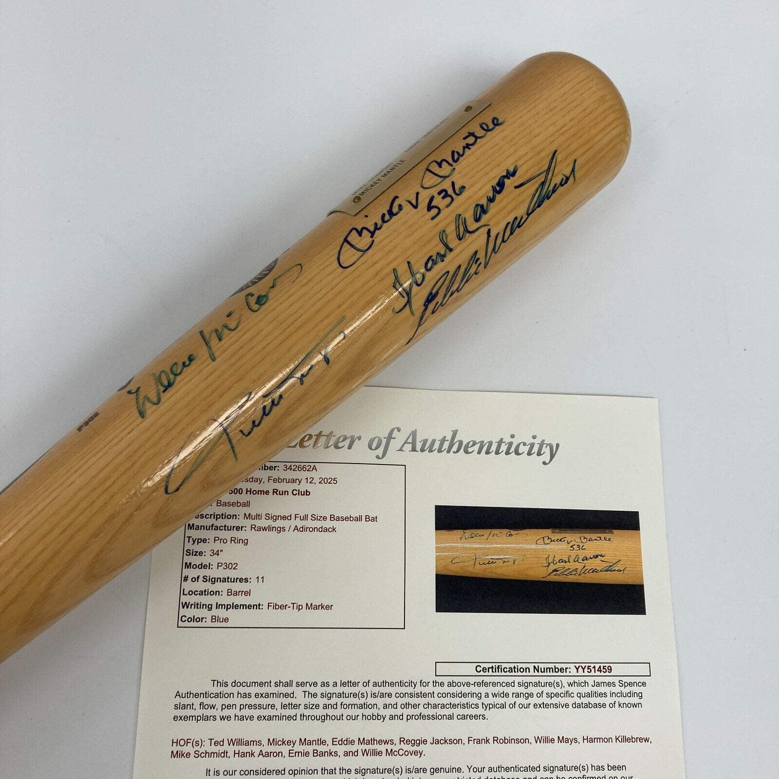 500 Home Run Club Signed Bat Mickey Mantle Ted Williams Willie Mays JSA COA