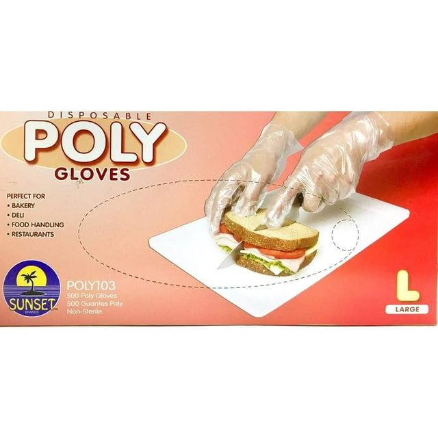 500 Large Size Disposable Poly Gloves, Powder Free, Smooth Touch, Food