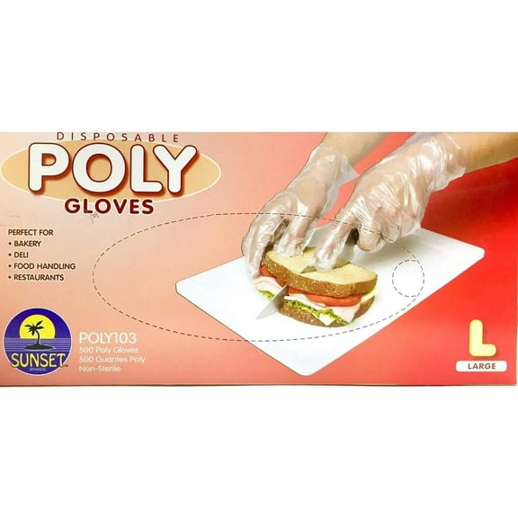 500 Large Size Disposable Poly Gloves, Powder Free, Smooth Touch, Food Service Grade, Polyethylene, Non-Sterile