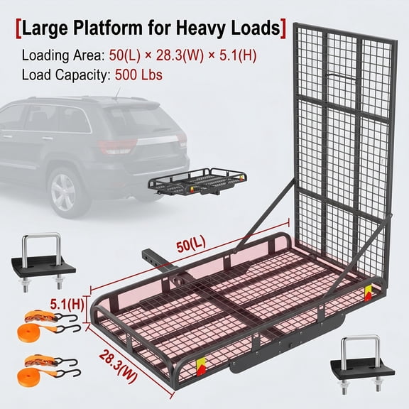 500 Lb Trailer Hitch Cargo Carrier, Hitch Cargo Carrier with Ramp for Mobility Scooters and Wheelchairs, Foldable Mobility Scooter Carrier with Ramp for SUVs and Pickup Trucks