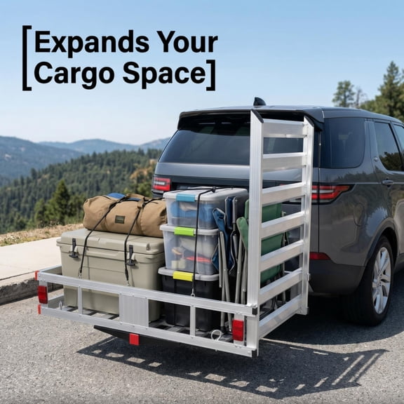 QUHEE 50x30 inch Hitch Cargo Carrier, 500lbs Capacity Trailer Hitch Mounted Cargo Basket, Aluminum Luggage Carrier Rack with Folding Ramp, Fits 2" Receiver for SUV Truck Pickup Camping Travel