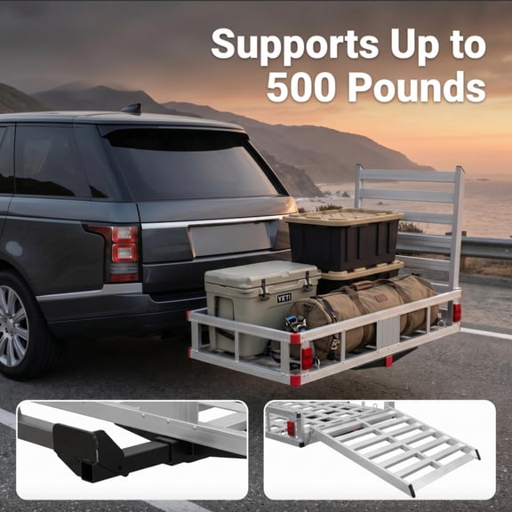 QUHEE 500 lbs Aluminum Hitch Cargo Carrier with Adjustable Ramp, Gray, 50 in Fits 2 inch Receiver for RV's, Trucks, SUV's, Vans, Cars