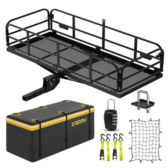 500 Lbs Heavy Duty Hitch Mount Cargo Carrier 60"x24"x14.4" Folding Rear Luggage Rack Basket Fits 2" Receiver for Car SUV Camping Traveling with Stablizer Waterproof Bag Net Ratchet Straps Lock