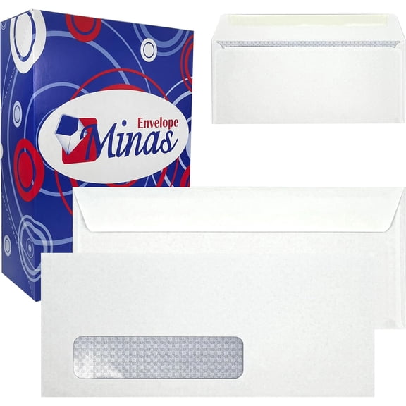 500 Minas Envelope #10 Business Envelope 4 1/8 X 9 1/2, Left Window, Laser & Inkjet Compatible, Security, Sturdy 24lb. White, Gum Flap, 500 Envelopes