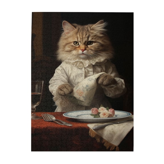 500 PCS 500 Piece Funny Puzzle The Cat At The Dining Table,Creative Activity Hobbies For Adults,Animal Enthusiasts' Charming Artworks,Vintage Art Animal Wooden Jigsaw Puzzles As Home Decor