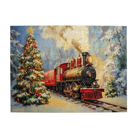 500 PCS 500 Piece Puzzle For Adults Oil Painting Christmas Train,Brain Challenge,Enjoy The Puzzle Solving Process,Enchanting Christmas Gift,Charm Christmas Train Vintage Art Wooden Puzzle Game