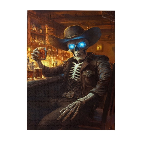 500 PCS 500 Piece Puzzle For Adults Tavern Skeleton Cowboy,Brain Challenge,Wonderful Imagination,Enchanting Skeleton Cowboy Funny Wooden Puzzle Game,Gift For Adults,Unique And Beautiful Design
