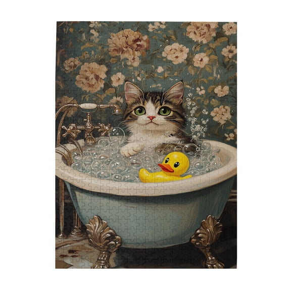 500 PCS 500 Piece Wooden Puzzles Cat'S Bathing Time,Vibrant Design,Brain Challenge,Modern Art Bathing Animal Funny Puzzle Game,Puzzles Suitable For Entertaining With Family During Holidays